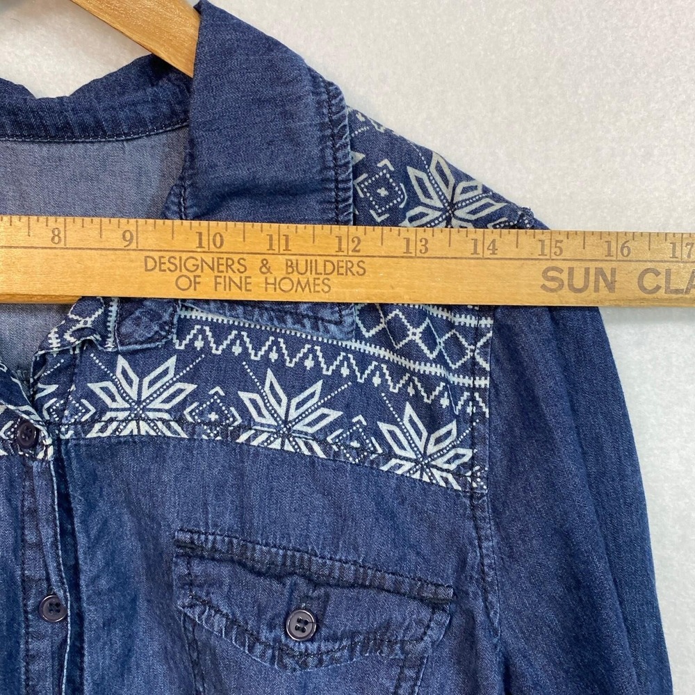 Ci Sono Women L Button Up Shirt Blue Snowflake Print Denim Western Long Sleeve - Picture 7 of 15